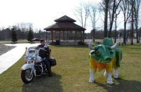 Harley motorcycle riders enjoy Crosslake's Town Square.